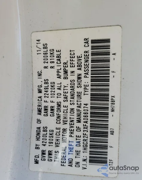 2015 Honda Accord Lx z USA, uszkodzony, nr VIN 1HGCR2F3XFA066074